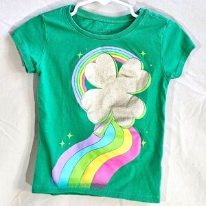 The Children's Place Girls Green Gold Glitter Shamrock Rainbow Tee XS 4 (0075)